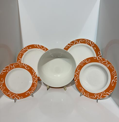 servizio piatti bianco e arancione 6 piatti piani, 6 piatti frutta, 6 piatti fondi, 1 piatto tondo, 1 insalatiera