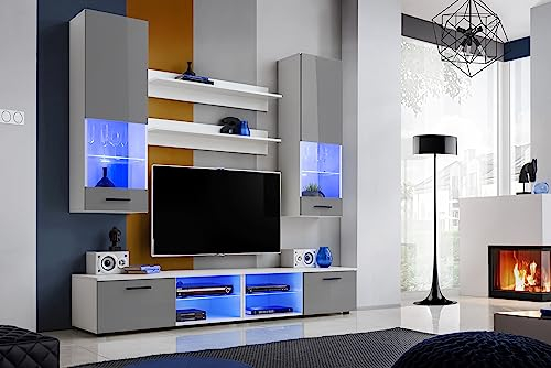 Komodee, Ensembles de Meubles RTV Varallo, Gris Blanc, Largeur 200cm x Hauteur 195cm x Profondeur 45cm, LED Bleues, pour Salon, Chambre