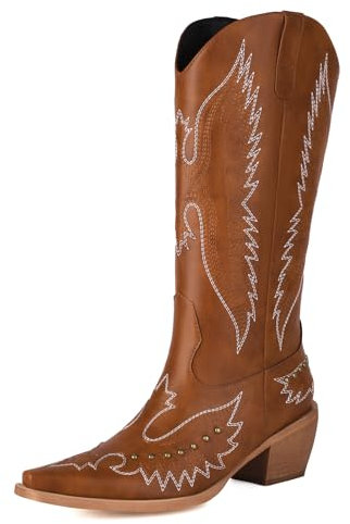 NeelyRisey Damen Klassische Cowboystiefel Pull on Bestickte Cowgirl Stiefel Mittelhoher Absatzs Schwarz Westernstiefel Nieten Cowgirl Stiefel Mid Calf Braun 38