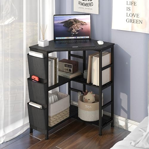 VEDECASA Printer Stand with Charge Station Corner Printer Stand and Storage Bag 3-Tier Black Table for Printer Shelf for Home Office Living Room Organization Corner Storage Shelf, Black