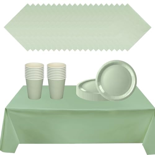 POPOYU 53 Pezzi Stoviglie per Feste di Compleanno Verde Salvia, Stoviglie Carta Set, Piatti di Carta Tovaglioli Bicchiere di Carta Stoviglie Tovaglia per Compleanni, Matrimoni, Decorazioni Natalizie