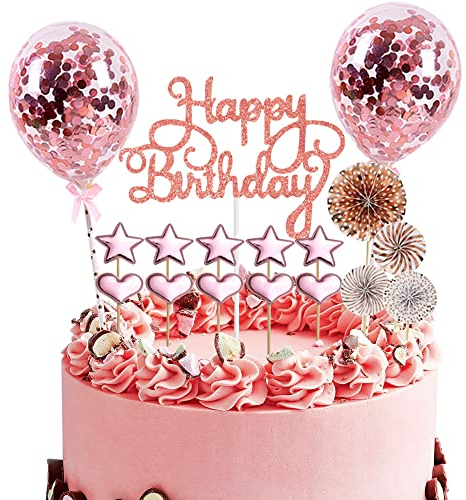 Rose Gold Cake Toppers - 17pcs Confetti Balloon & Star Paper Fans for Birthday & Anniversary Decor