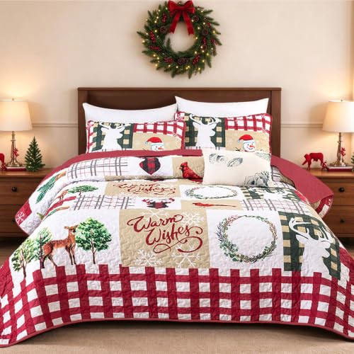 WONGS BEDDING Weihnachts-Bettwäsche-Set California King Red Patchwork | Tagesdecke mit Weihnachtsmann, Schneemann, Kardinal, Stechpalme, kariert, mit 2 Kissenbezügen, für alle Jahreszeiten