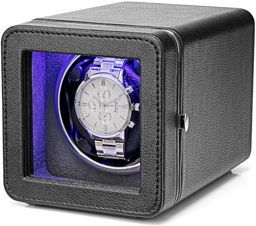 Vlando Automatik Uhrenbeweger 1 Uhr mit Japanischem Leisen Motoren, Quadratische Watch Winder, Uhrendreher mit 4 Rotationsmodi, LED-Licht und Typ-C-Adapter, Luxuriöser Leder mit Litschi-Textur