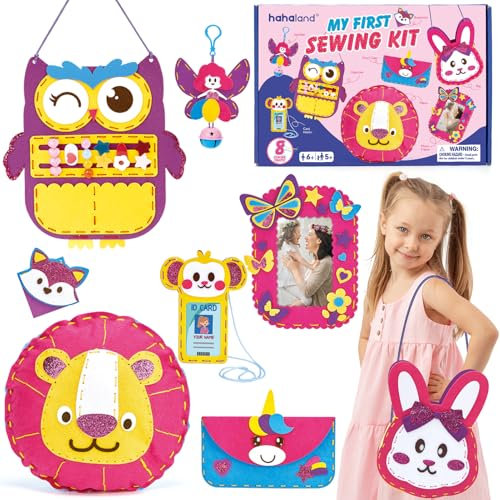 hahaland Kinder Nähset mit Einhorn, Eule, Hase, Bastelset für Anfänger, 8 einfache Projekte, Filz DIY für Häkelanfänger, Spielzeug Geschenk für 6 7 8 9 10 jährige Mädchen
