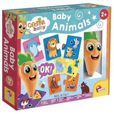 Lisciani - CAROTINA BABY - Interaktives Lernspiel mit Tieren und Leuchtstift - Für Kinder ab 2 Jahren - 10 Puzzles à 2 Teile - Interaktives Quiz Lernen über Tierbabys