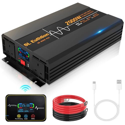 SL Euthtion 2000W/4000W(Peak) Pure Sine Wave Duty Car Power Inverter 50HZ 12V DC to 230/240V AC with LCD Display, USB Port, Wireless Remote Control（10M) for Car Home Laptop Truck