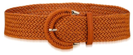 Mikovivi Ceinture en Rotin Tressé Pour Femme, Réglable Ceinture Tressée Large Ceinture en Rotin avec Boucle Demi-Cercle Bohème Ceinture Élastique Paille pour Robe d'Été Jean (Camel)