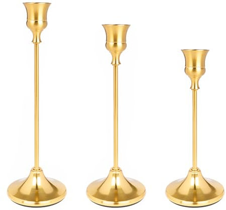 Kerzenständer Gold 3 Set, Kerzenständer Stabkerzen, Kegel Kerzenhalter Messing Kerzenständer Halter, Vintage Dekoration Für Romantisches Candle Light Dinner Jubiläum Hochzeitsfeier