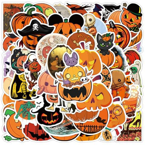 50 Stück Halloween Sticker,Halloween Kürbis Aufkleber Deko Fenster Basteln Fensterbilder Helloween Runde PVC Set Stickers Aesthetic Decoration Sticker Kürbisse Geschenke