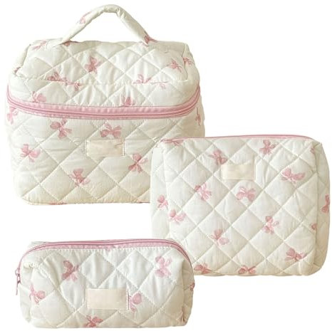 3-teiliges Kosmetiktasche Set Make up Bag, Gesteppte Kosmetiktasche mit Schleifenmuster, Groß Kapazität Kulturtasche, Niedliches Baumwolle Make up Tasche, Reise Kulturbeutel Cute Beauty Bag für Damen