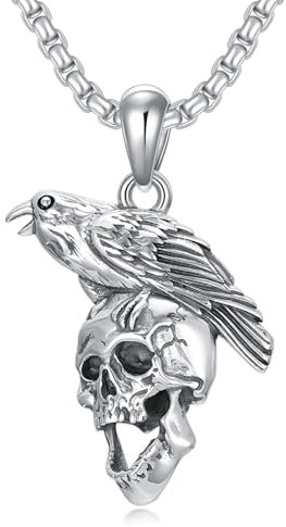 ROMANTICWORK Krähe Totenkopf Kette 925 Stering Silber Raben Totenkopf Anhänger Halskette Punk Schädel Schmuck Geschenke für Herren
