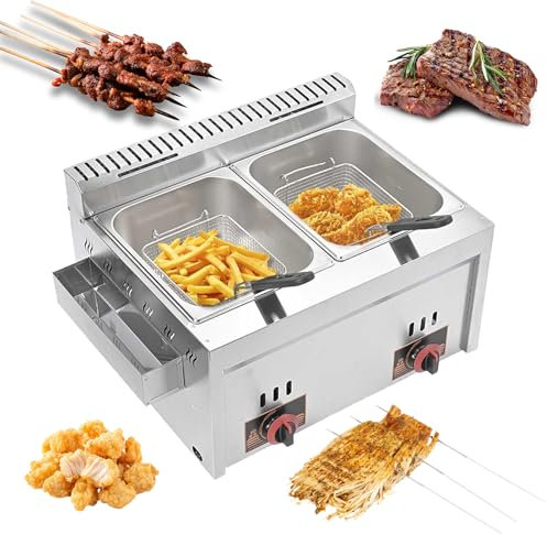 Freidora de gas de acero inoxidable con doble depósito y cabezal de freidora giratoria, freidora de aceite de encimera con copas de patatas fritas, 20 litros de volumen, freidora doble para cocina,