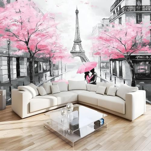 Papier Peint Panoramique 250 x 175 cm Papier Peint Intissé Mural Aquarelle Paris Couple Tour Eiffel Art Mural Décor Poster Mural Noir Pour Salon Chambre D'Enfants Décoration Murale Fresque