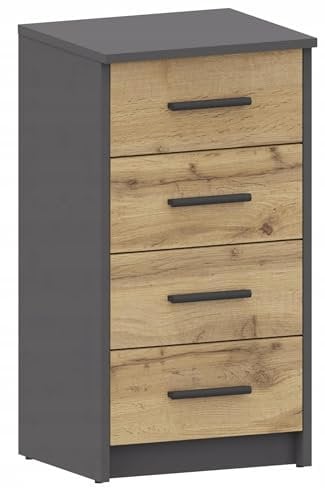MATKAM Kommode Bodo 4S mit Vier Schubladen, H/B/T 75 x 40 x 35 cm, Griffe in Metall-Optik, Führungsschienen aus Metall (Anthrazit Grau-Wotan Eiche)
