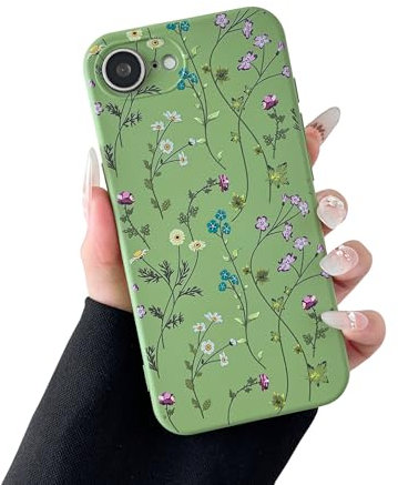 RALEAVO Blumen Handyhülle für iPhone 16e, Hochwertiges Flüssig Silikon Stoßfeste Schutzhülle mit niedlichen Blumenmustern, Ultra Dünn mit Microfiber Matt Hülle für iPhone 16e-Grün