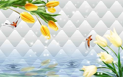 Papier Peint Panoramique Fleurs D'Animaux Jaunes Tapisserie Murales Papier Peint Panoramique Enfant Intissé Chambre Fille Adulte Salon Bureau Restaurant Décoratif 274x254cm