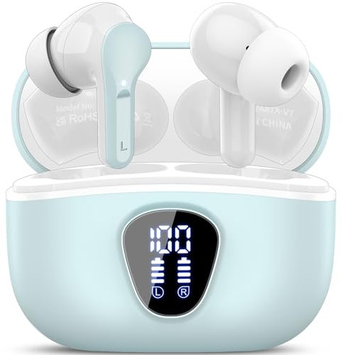 BESNOOW Cuffie Bluetooth, Auricolari Bluetooth 5.3 Stereo HiFi con 4 HD Mic, Cuffie Wireless In Ear ENC Cancellazione Rumore, 40 Ore LED Display Touch Control, Cuffiette Bluetooth IP7, Azzurro chiaro