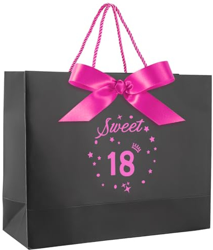 Geschenktüte Sweet 18 Geburtstag, Hot Pink & Schwarz mit Sweet 18th Birthday Bag, Premium Papiertasche für Mädchen Feier & Geschenkverpackung