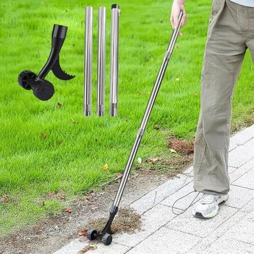 LINDADECOR Weeding Tool for Patio Garden, Long Handle Weed Remover with Wheels and Hook for Patios, Driveways, Paving Blocks, Garden, Sidewalks, Decks