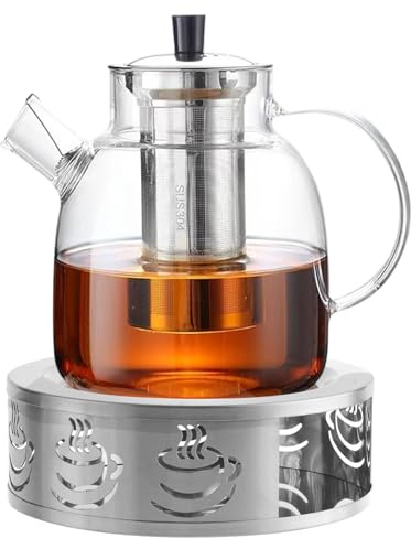 Teiera in vetro da 1800 ml con fornello, teiera in vetro con coperchio e elegante fornello da tè con caraffa, teiera con colino, per tè sfusi e bustine di tè