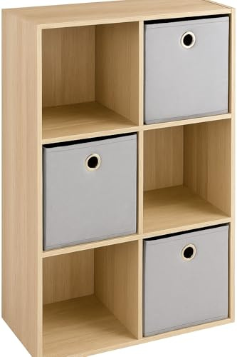spot on dealz 6-Cube Storage Organizer with 3 Fabric Baskets – Wooden Bookshelf Storage Unit for Toys, Clothes, Home Office, Bedroom, Playroom, Neutral Finish