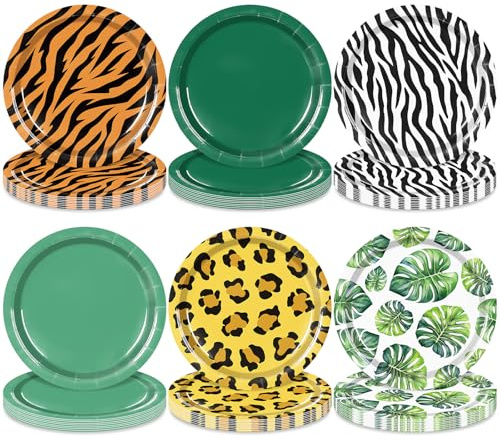 48 Pieces Jungle Animal Print Paper Plates – 7 Inch Safari Theme Disposable Dessert Plates with Tiger, Leopard, Zebra, and Tropical Leaf Designs for Birthday Parties, Baby Showers, and Celebrations