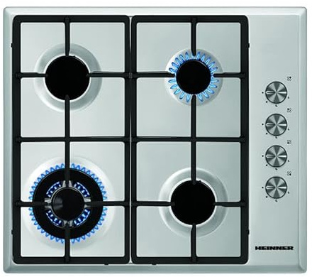 HEINNERHBH-S584WI-IX Einbau-Gaskochfeld 58 cm, 4 Gasbrenner, Elektrische Zündung, Sicherheitssystem, Emaille-Topfträger, Edelstahl, langlebig, leicht zu reinigen, 5 Jahre Garantie