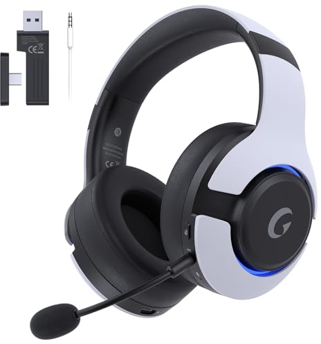 Gtheos Kabelloses Gaming-Headset für PS5, PS4, Elden Ring, PC, Mac, Switch, Bluetooth 5.3 Gaming-Kopfhörer mit Geräuschunterdrückungs-Mikrofon, 45H Akku, RGB-Licht, Weiß