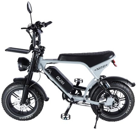 OUXI Ultra Mini E-Bike 16 Zoll Fatbike Elektrofahrrad, 250W Motor 60Nm, 36V 10.4Ah Akku, Hydraulische Scheibenbremsen, Vollfederung, Frontgepäckträger, Kompakt Pedelec für Herren Damen (Grauweiß)