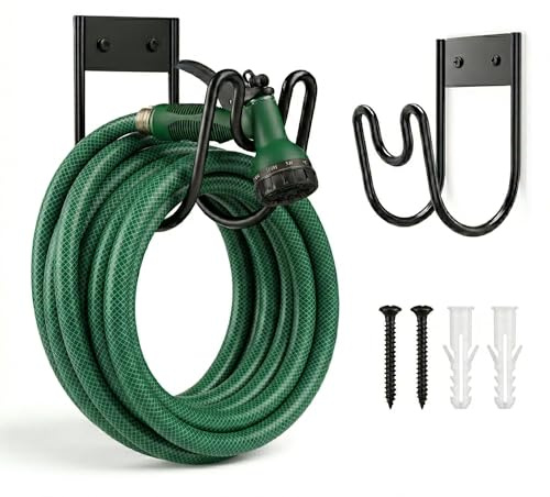 TIGREZ Garden Hose Holder Wall Mounted Metal Hose Pipe Hanger with Fittings - Metal Hosepipe Holder for Wall Storage - Outdoor Mounted Garden Hosepipe Hook with Fittings (Black)