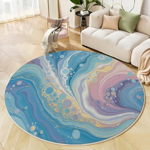 GDJSMIN Rund Teppiche Wohnzimmer Wellenmuster Hellblau 120Cm - Küche Jugendzimmer Esszimmer Flur Und Schlafzimmer Kurzflor Teppich Gegend Extra Weich Pflegeleicht