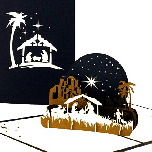 3D Weihnachtskarte „Heilige Familie – Weihnachten“, Edle Pop-Up Karte zu Weihnachten mit Krippe in Blau & Weiß