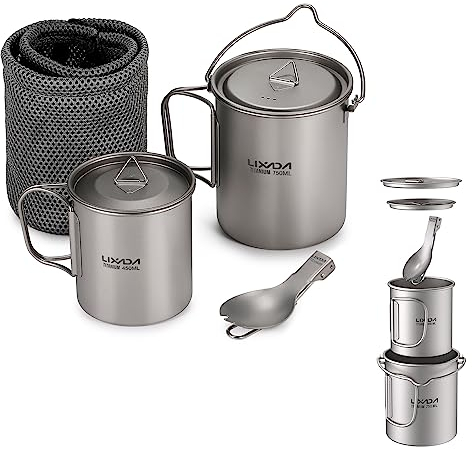Lixada Camping-Kochgeschirr, 3-teiliges Kochgeschirr-Set aus Titan, 750 ml Topf, 420 ml Wassertasse mit Deckel, klappbarer Griff, Rucksackreisen, 750ML Pot+420ML Cup+Spork