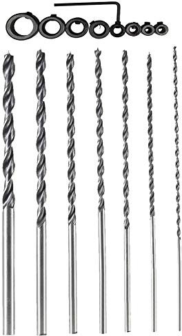 OSOF 7Pcs 12 Extra Long Wood Drill Bit 4/5/6/7/8/10/12mm 300mm Brad Point Wood Working Tool + 8Pcs Drill Stop Set for 1/8,3/16,1/4,5/16,3/8,7/16,1/2,5/8inch Diam Drill Depth Stop Collar Ring Bit