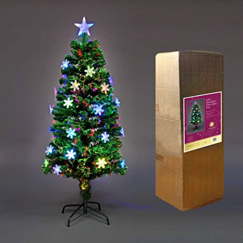 3Ft/90cm Fibre Optic Christmas Tree with Star Topper - LED Snowflakes Decorations - Pre-Lit Green Artificial Xmas Tree - Multicolor Changing Lights