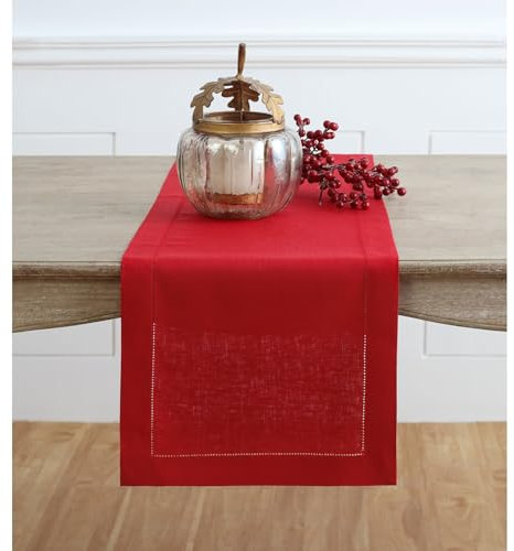 Solino Home Leinen-Tischläufer, 152,4 cm, klassischer Hohlsaum, 100 % reines Leinen, Couchtischläufer, 35,6 x 152,4 cm, ideal für Kommoden, Weihnachten, Feiertage, Rot