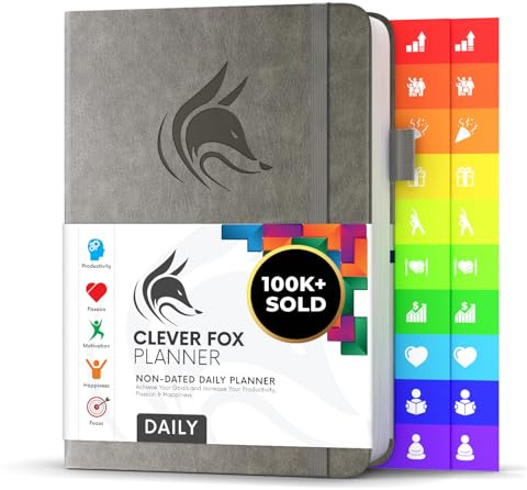 Clever Fox Daily Planner, Undated Professional & College Day, Grey | 6-month A5 14.5x21cm dayplanner with stickers, monthly calendars, to-do lists, calendar journal, time-block schedule agenda