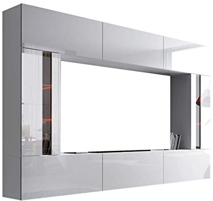 FURNITECH Wohnwand Wohnzimmer | Wohnzimmer Möbel mit LED RGB - 16 Farben | Hängend Wohnwand Modern | Wohnzimmer Schrankwand mit Regale und TV Schrank (Future 28/HG/W/2 1A | 249 cm)