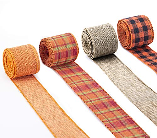 SAVITA 4 Rollen 6m Orange Kariertes Sackleinenband mit Draht Buffalo Plaid Ribbon, Webband mit Drahtkante zum Verpacken von Geschenken, Basteln, Blumenbögen, Weihnachten, Thanksgiving-Dekorationen