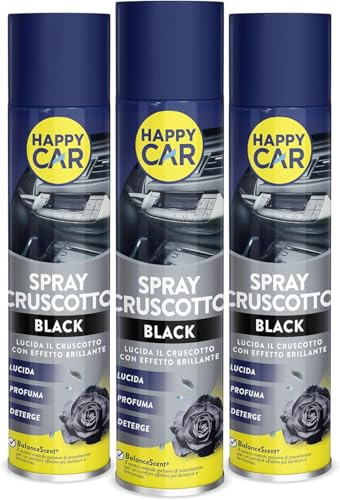 HappyCar x3 Spray Lucida Cruscotto Auto Professionale 600 ml - Lucida, Profuma e Deterge - Non Unge e Adatto a Tutte Le Superfici - Made in Italy (Black)