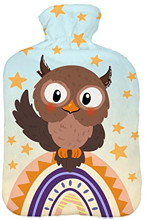 Wärmflasche mit Pullover Bezug 2 Liter Bettflasche mit schönen Fleece-Druck Bezug Gummi Wärmflasche mit Deckel Weiß Eule mit Sternen [092]