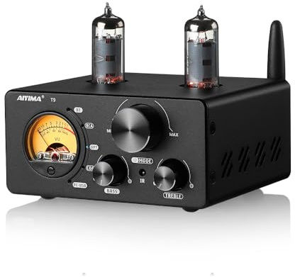 AIYIMA T9 200W Bluetooth Amplifier HiFi Digital Class D Power Amp 2.0/2.1 Channel Vacuum Tube DAC Amp with VU Meter & Bass Treble Bluetooth Coaxial Optical PC-USB inputs