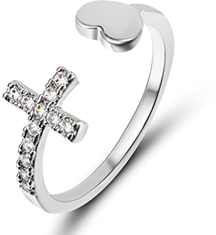 LIUJZZJ Kreuz & Herzring Silber Verstellbare Offene Kreuz Liebesringe Inspirierender Ring der Niemals Aufgibt