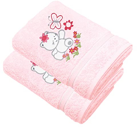 Lashuma Kinderhandtücher mit Motiv im 2er Set, Mädchen Babyhandtücher Motiv:Katze, Badehandtücher 50x90 Rosa