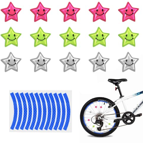 PFLYPF 15 stück farbige Fahrradspeichenclips, Sterne mit Reflektoren, Fahrradsicherheitszubehör, Raddrahtclips, Nachtfahrraddekorationsclips, mit 1 blauem reflektierendem Fahrradfelgenaufkleber