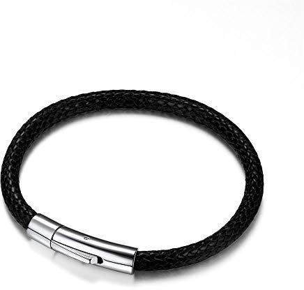Richsteel Mens Bracelets Waterproof Black Braided Rope Leather Bracelet 20cm Boyfriend Birthday