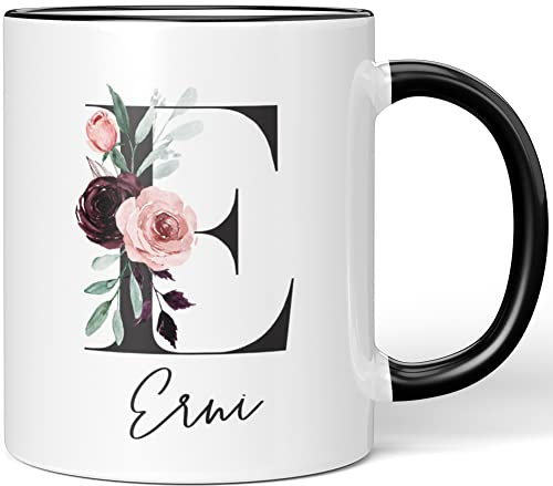 JUNIWORDS Tasse, Erni, Name Anfangsbuchstabe Initial Alphabet Floral Buchstabe E Monogramm Motiv, Schwarz (5567933)