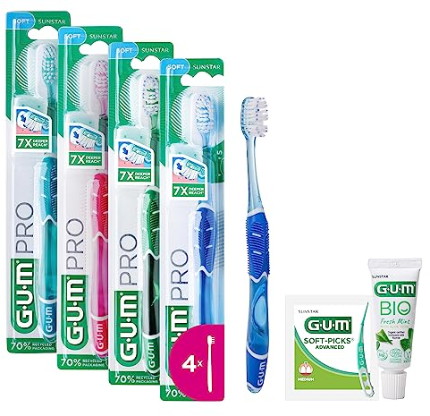GUM PRO weiche Handzahnbürste | zuspitzte Borsten | rutschfester ergonomischer Griff | kompakter Kopf | 4 x 1 Stück (mit 1 Gratisprobe)