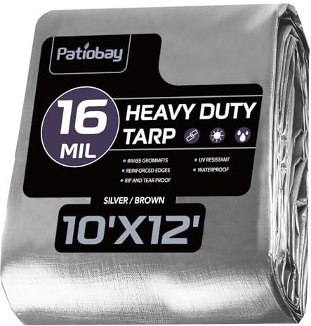 Patiobay Lona grande de 10 x 12 pies, lona grande de 16 mil, lona resistente al agua con ojales cada 23.6 pulgadas, lona de plástico grueso 420D, resistente a los rayos UV y a la decoloración, bordes